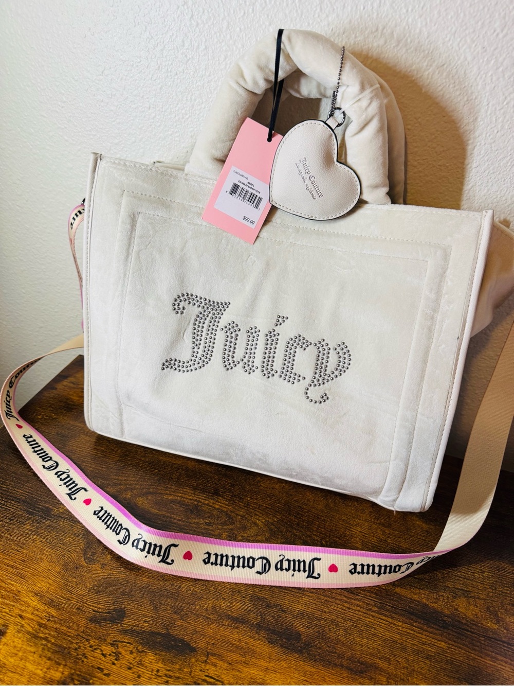 Juicy Couture Cream Suede Rhinestone Tote with Pink Logo Strap